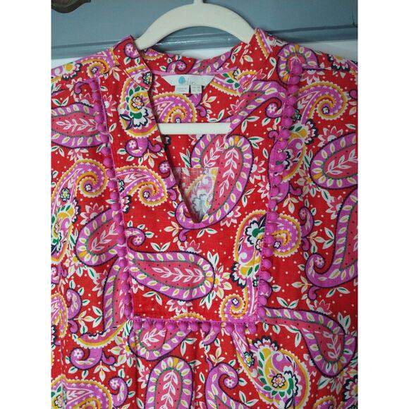 Boden Evangeline 100% Linen Red Paisley V-Neck Tunic Dress Size 4L 3/4 Sleeve - Picture 4 of 8